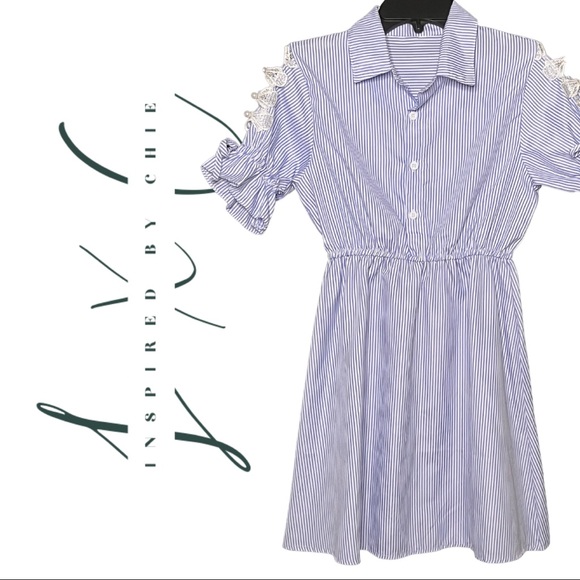 Light Blue Pinstriped Lace and Pearl Sleeved Shirt Dress - Picture 1 of 6